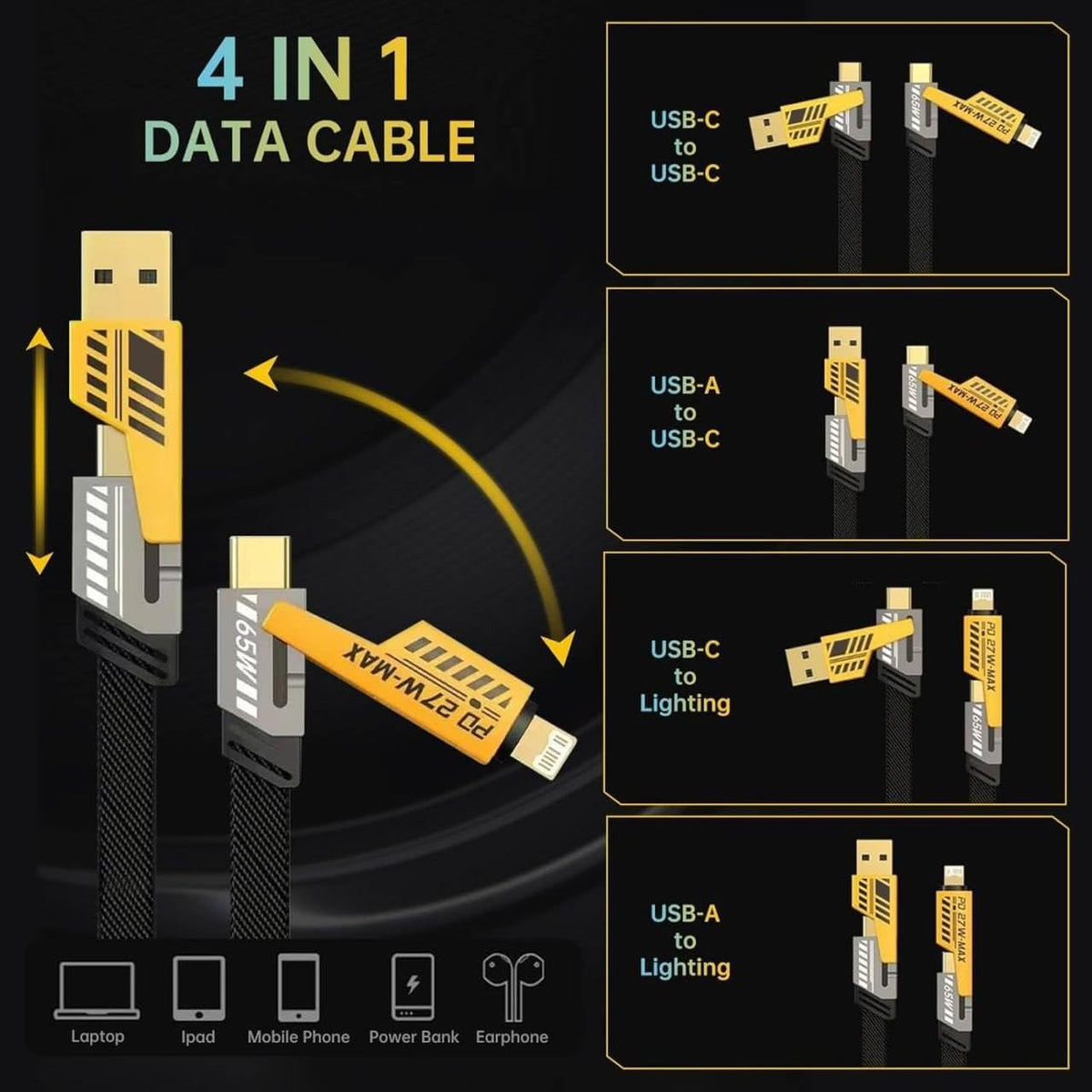 4 In 1 USB To Type C Charging Cable 65W